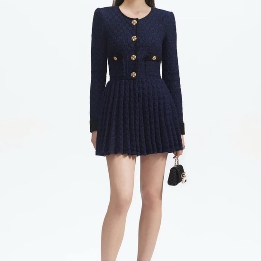 Self-Portrait Dark Blue Mini Dress with Gold Accents